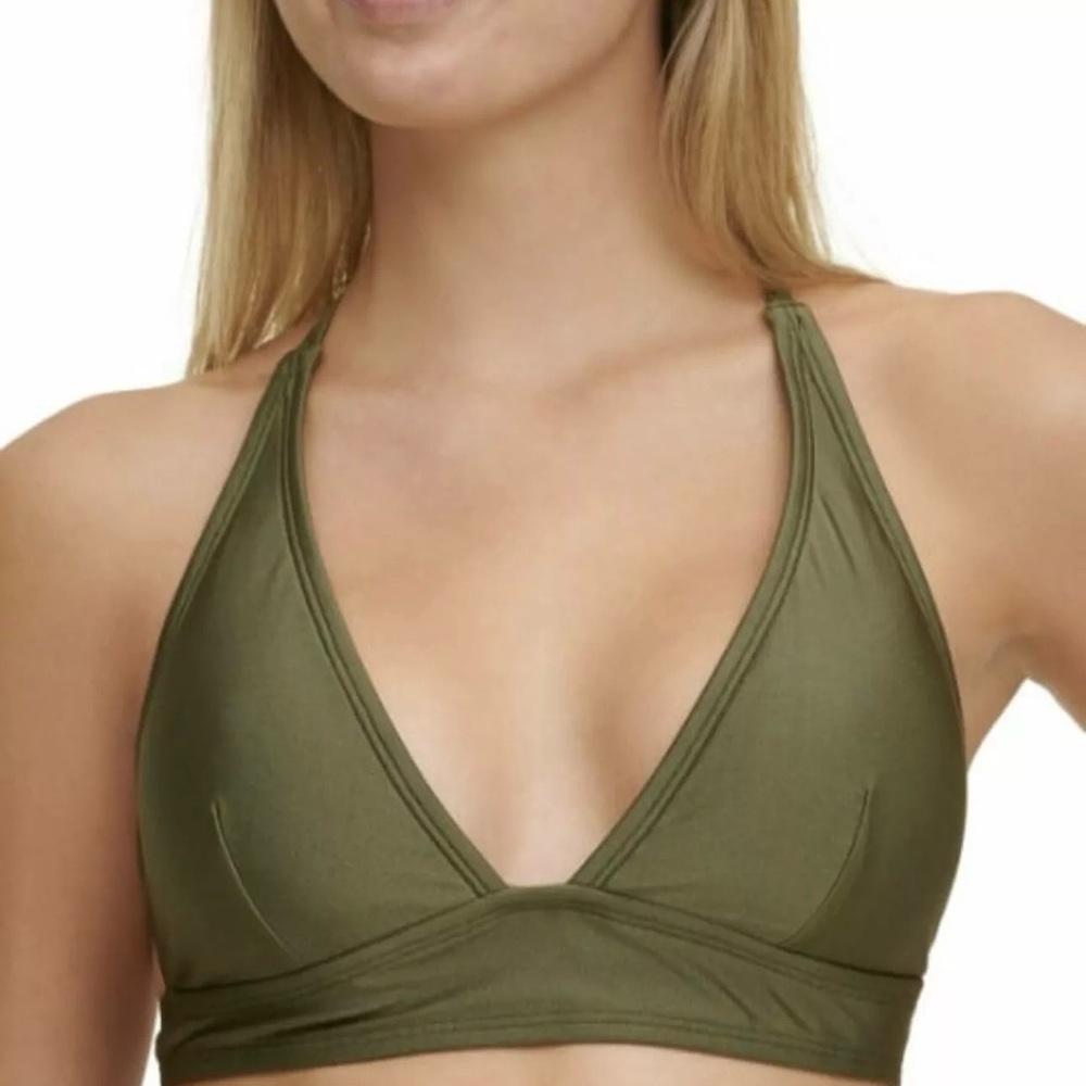 DKNY Women's Green Stretch Halter Lined Deep V Neck Tie Triangle Swimsuit Top XL